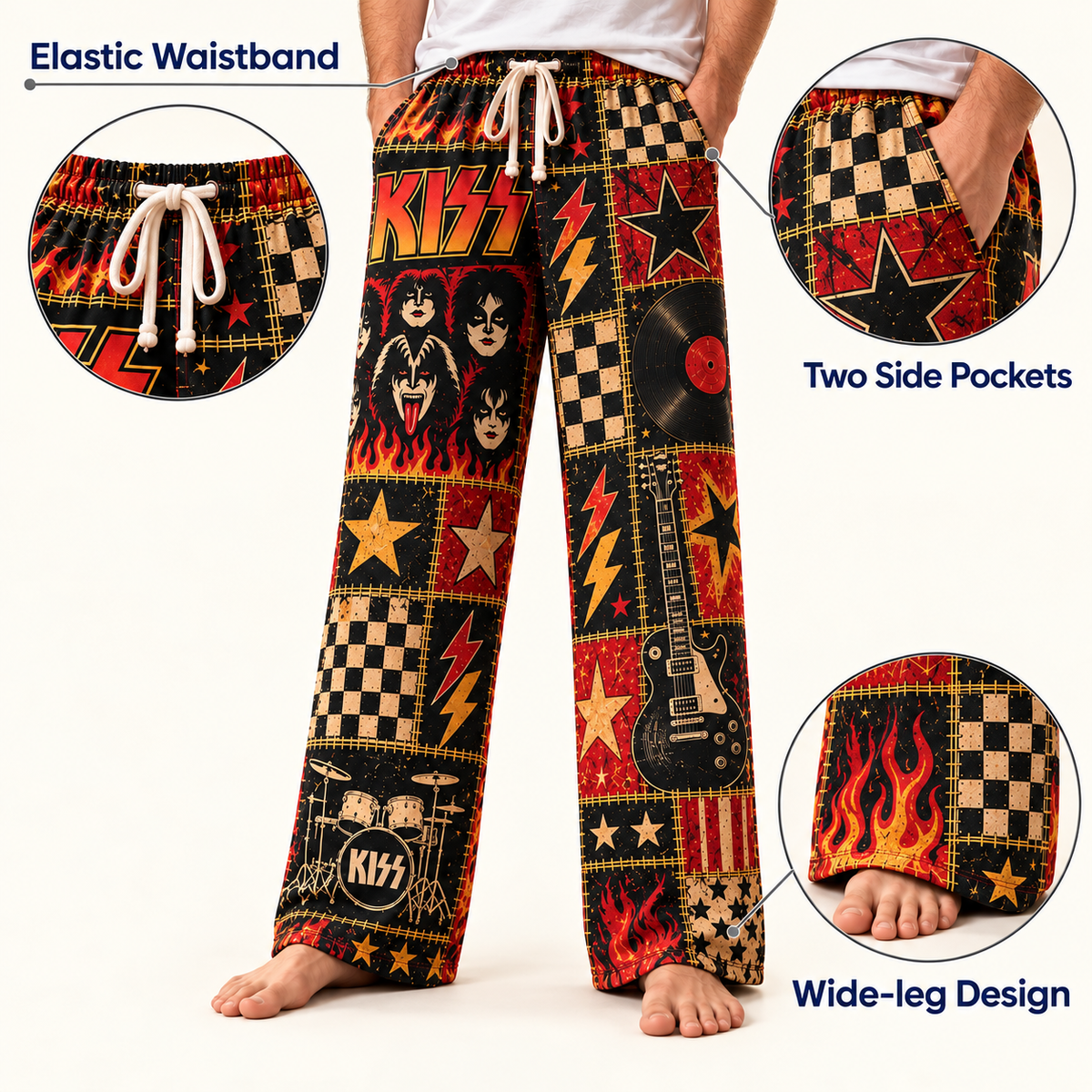 Kiss Pajama Pants -Patchwork Classic Rock & Makeup Sleepwear | Comfortable Music Fan Lounge Pants