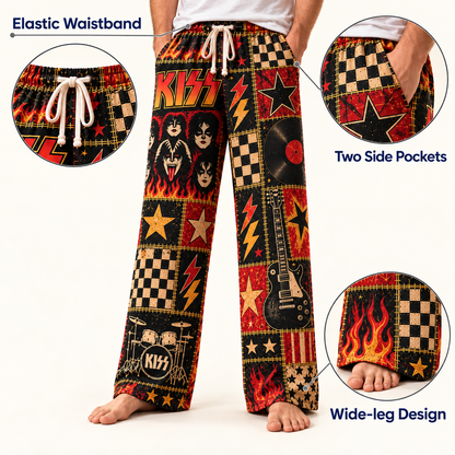 Kiss Pajama Pants -Patchwork Classic Rock & Makeup Sleepwear | Comfortable Music Fan Lounge Pants