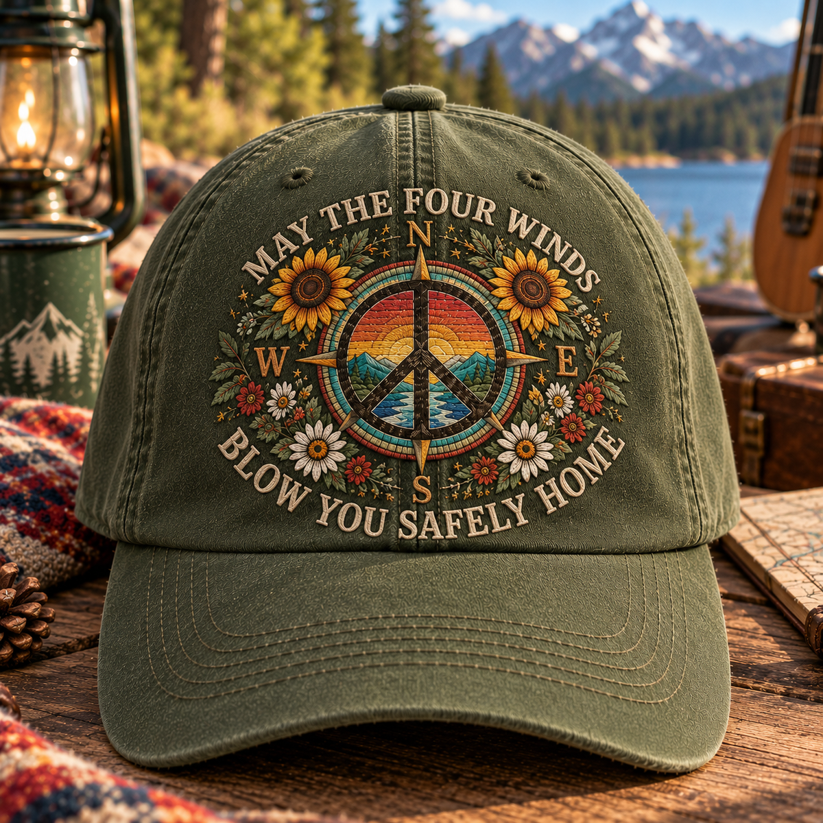 May the Four Winds Blow You Safely Home Denim Cap, Grateful Dead Inspired Cap, Peace Sign Compass Hat, Hippie Sunflower Gift, Boho Outdoor Cap