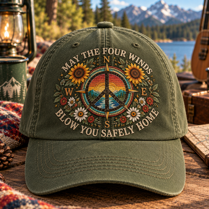 May the Four Winds Blow You Safely Home Denim Cap, Grateful Dead Inspired Cap, Peace Sign Compass Hat, Hippie Sunflower Gift, Boho Outdoor Cap