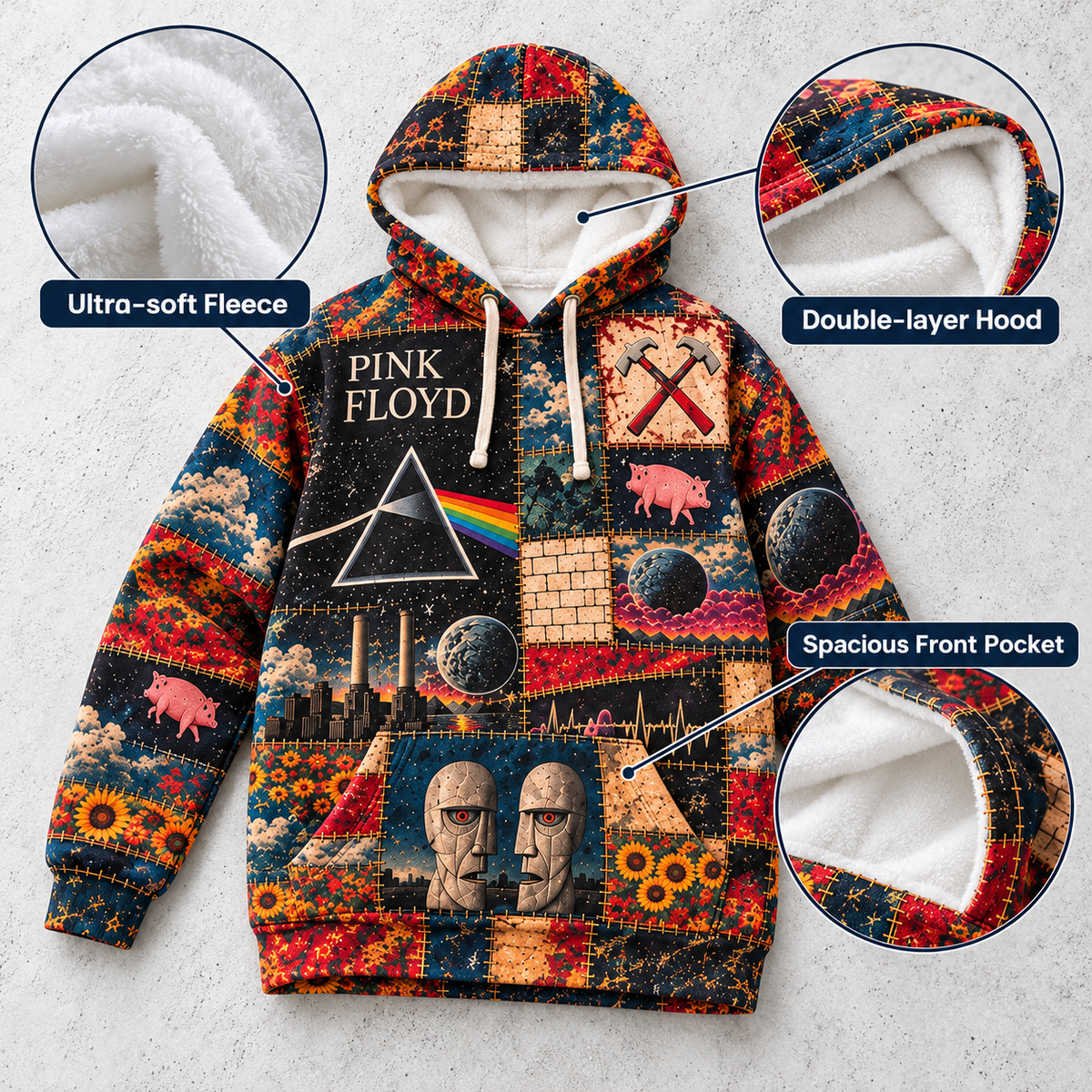 Pink Floyd Patchwork Hoodie – Vintage Dark Side of the Moon Graphic Pullover, Retro Psychedelic Rock Band Hoodie, Pink Floyd Fan Gift