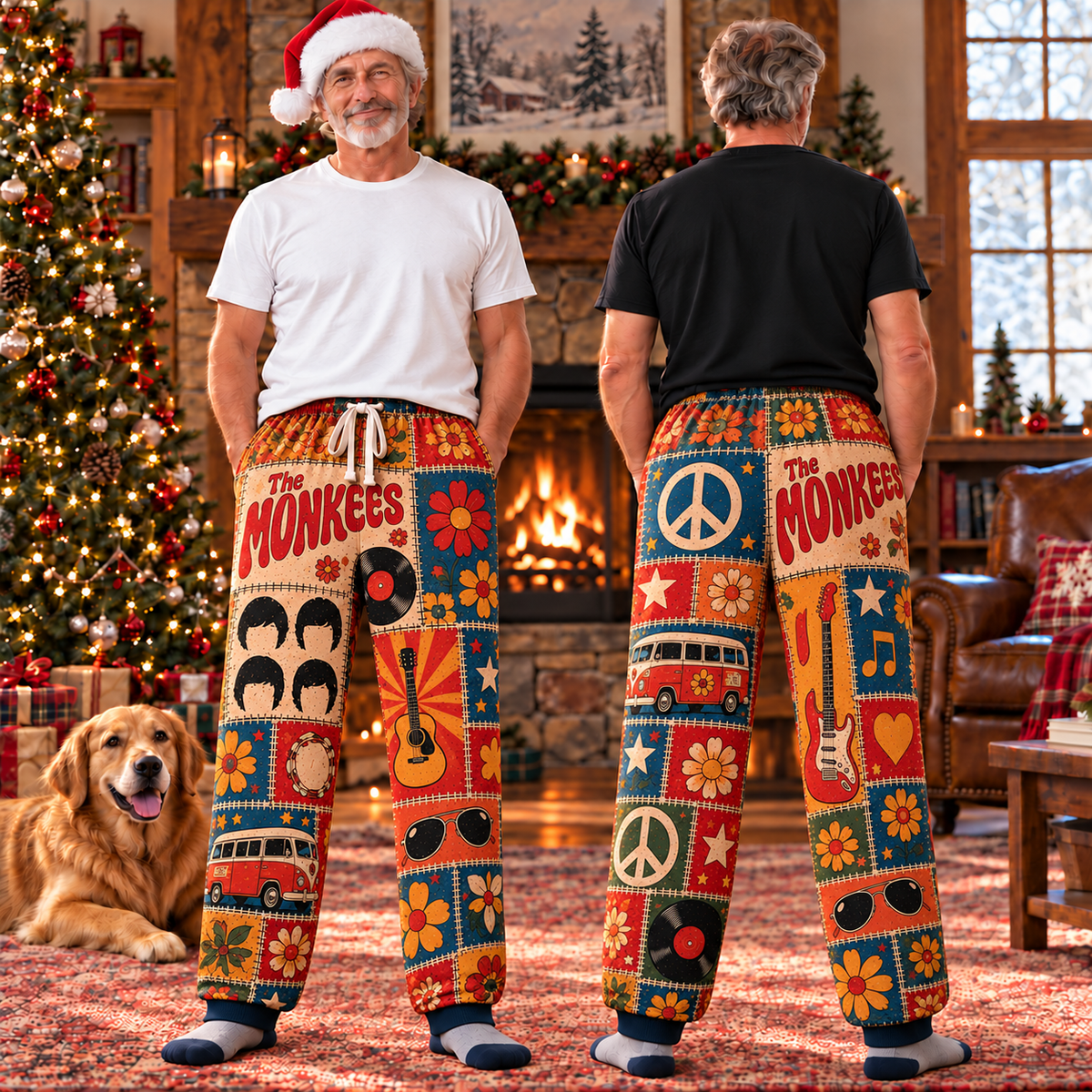 The Monkees Patchwork Pajama Pants - Vintage 60s Pop-Rock Art & Psychedelic Flower Power Lounge Pants with Elastic Waistband, Adjustable Drawstring & Two Side Pockets
