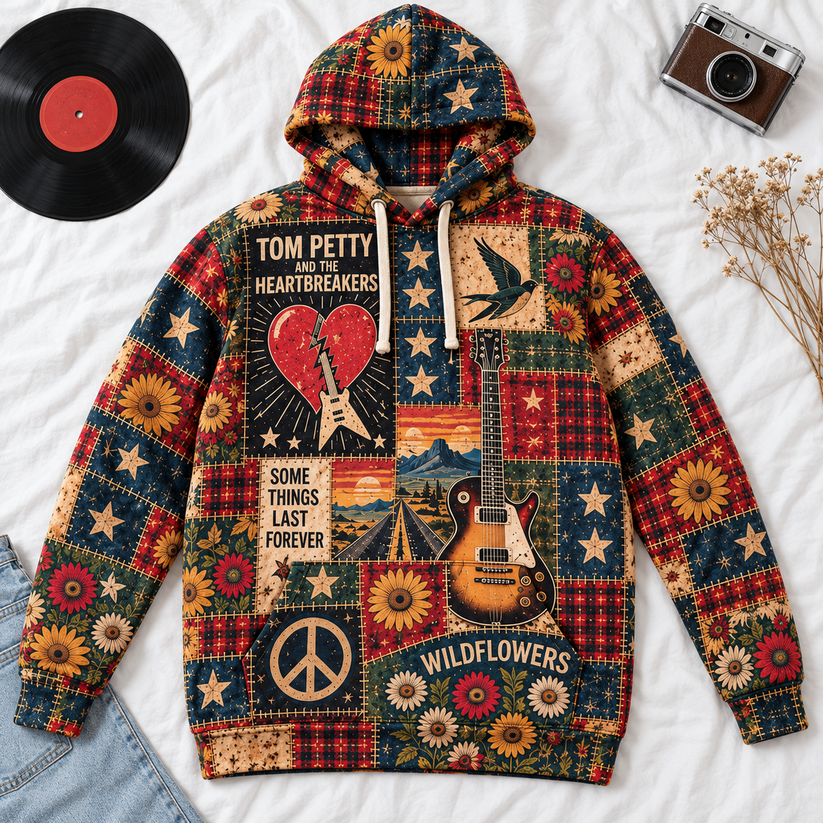 Tom Petty and The Heartbreakers Patchwork Hoodie – Vintage Wildflowers Graphic Pullover, Classic Rock Music Hoodie, Retro Tom Petty Fan Gift