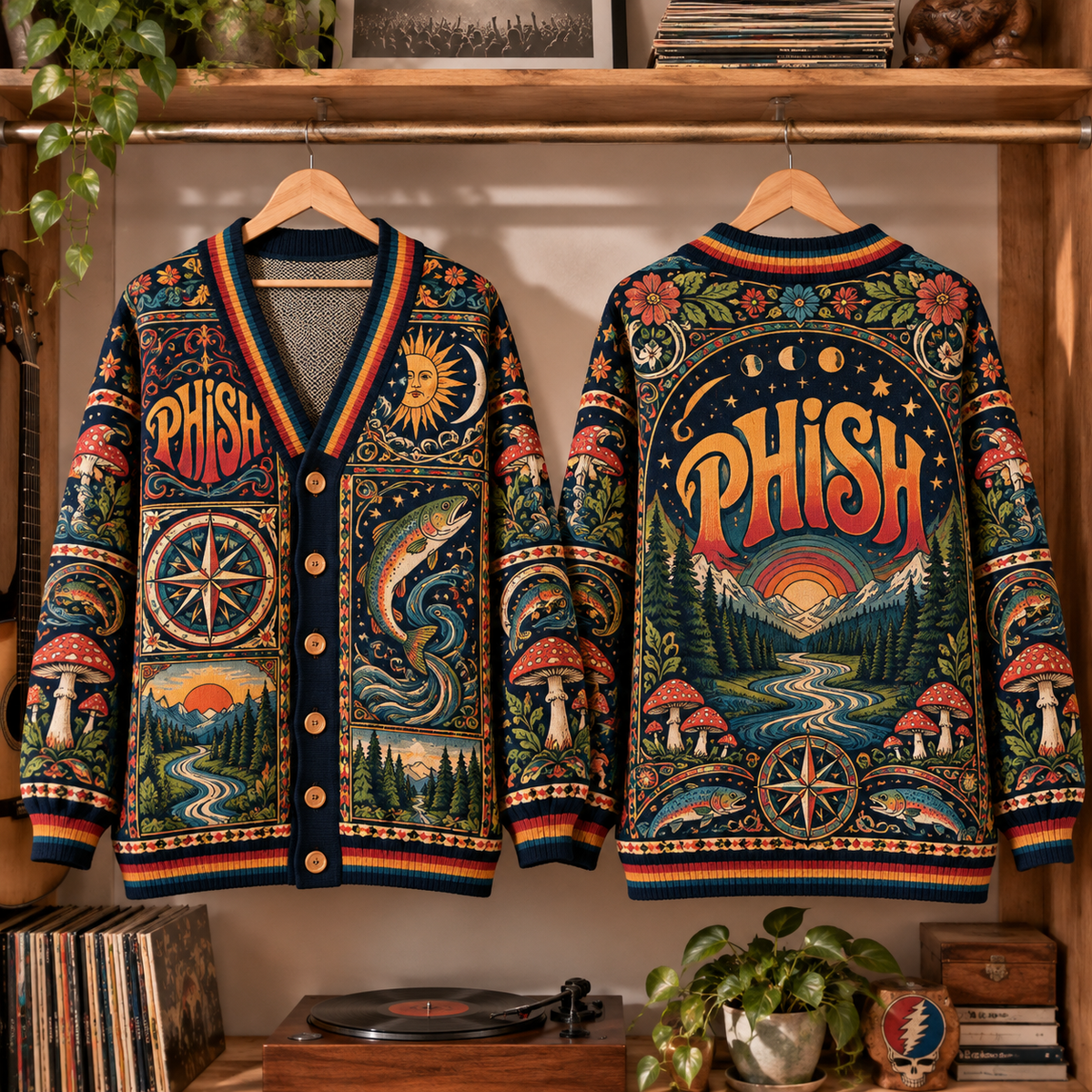 Phish Retro Rock Knit Cardigan - Vintage Style Jam Band Button Down Sweater, Unique Nature Psychedelic Music Merchandise Fan Outfit