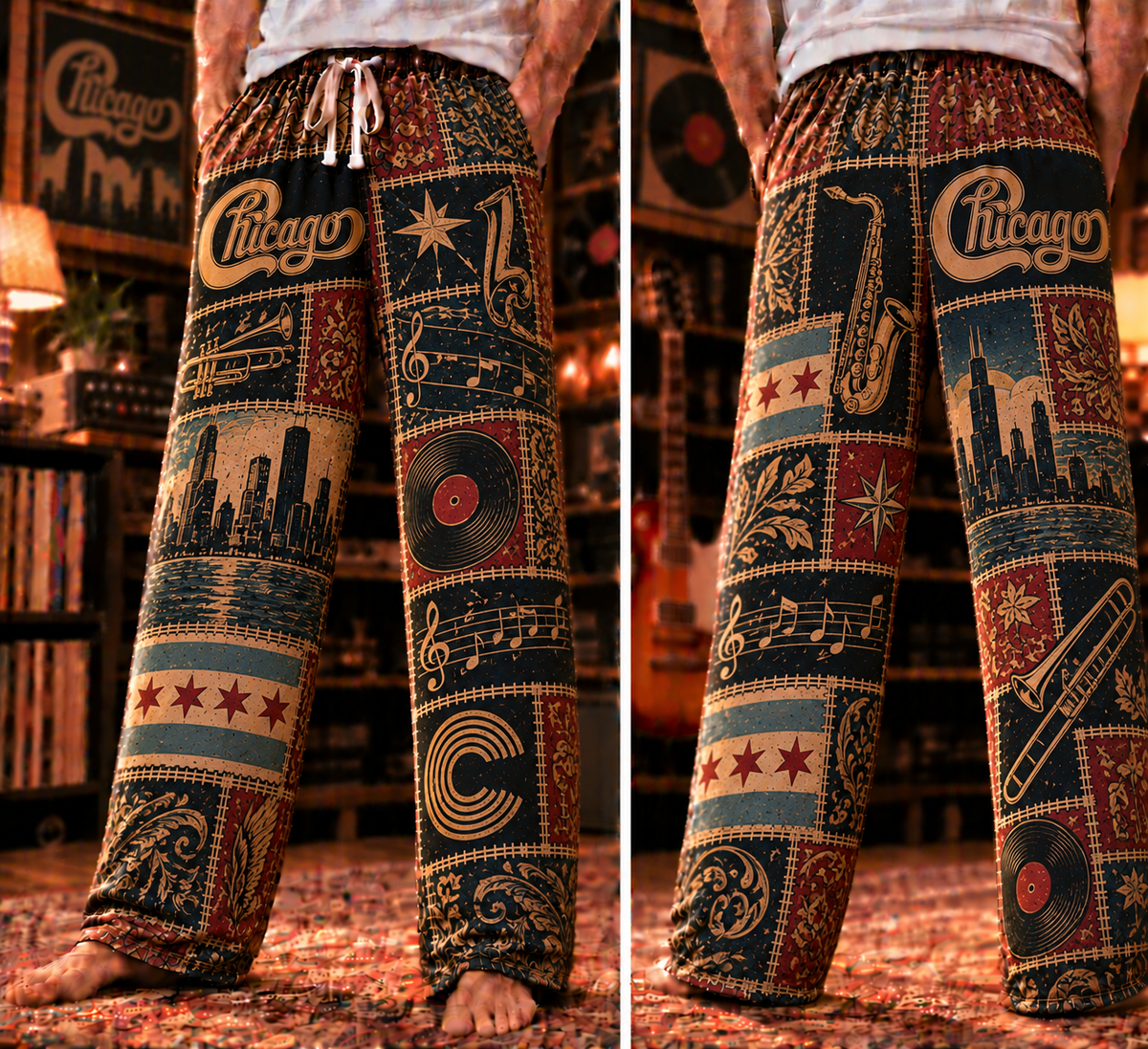 Chicago Pajama Pants- Patchwork Brass Horn & City Flag Art Lounge Pants | Classic Rock Memorabilia & Gift