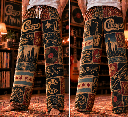 Chicago Pajama Pants- Patchwork Brass Horn & City Flag Art Lounge Pants | Classic Rock Memorabilia & Gift