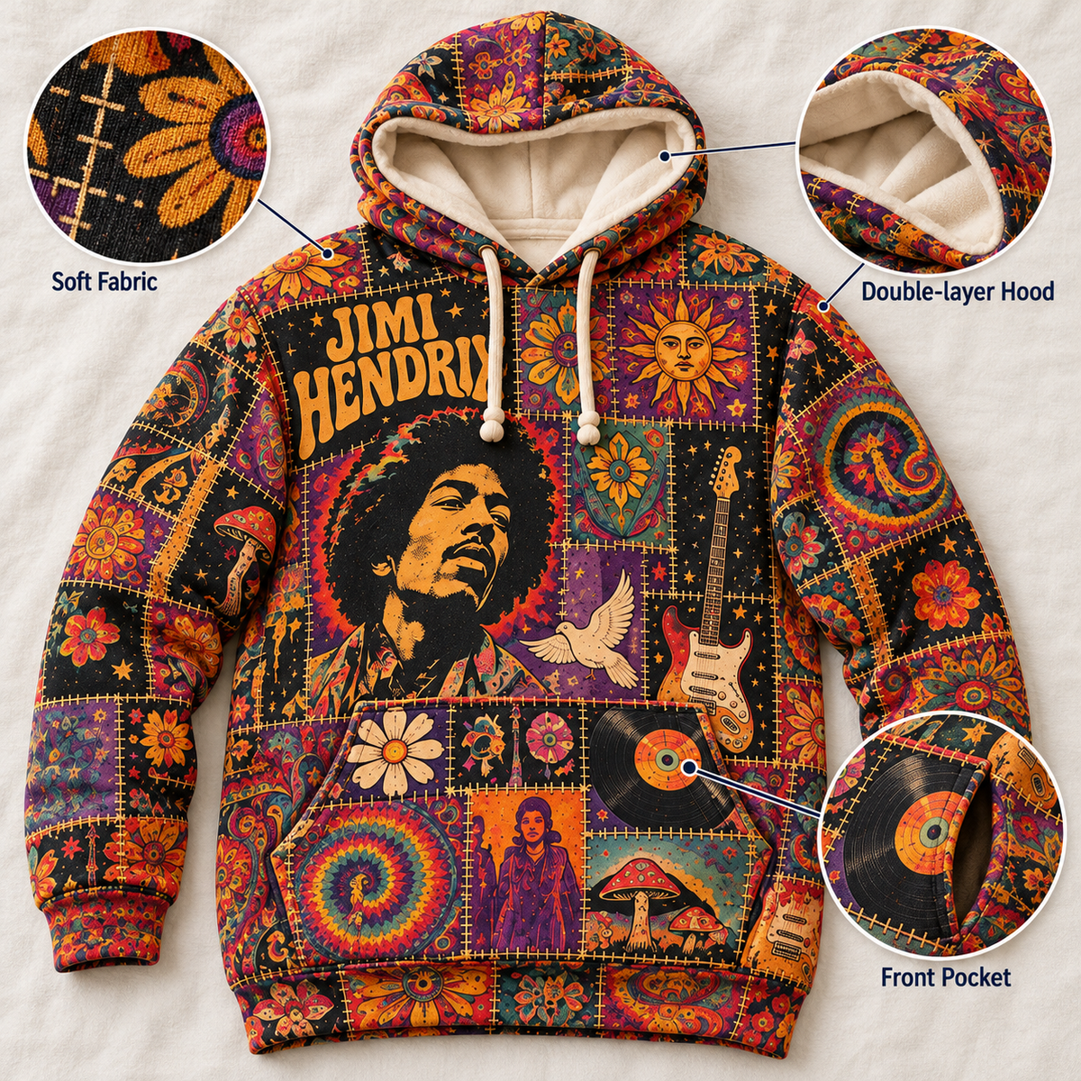 Jimi Hendrix Patchwork Hoodie – Vintage Psychedelic Rock Graphic Pullover, Retro 60s Hippie Tie-Dye Hoodie, Jimi Hendrix Fan Gift