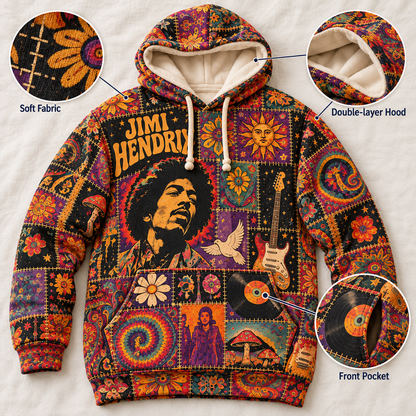 Jimi Hendrix Patchwork Hoodie – Vintage Psychedelic Rock Graphic Pullover, Retro 60s Hippie Tie-Dye Hoodie, Jimi Hendrix Fan Gift