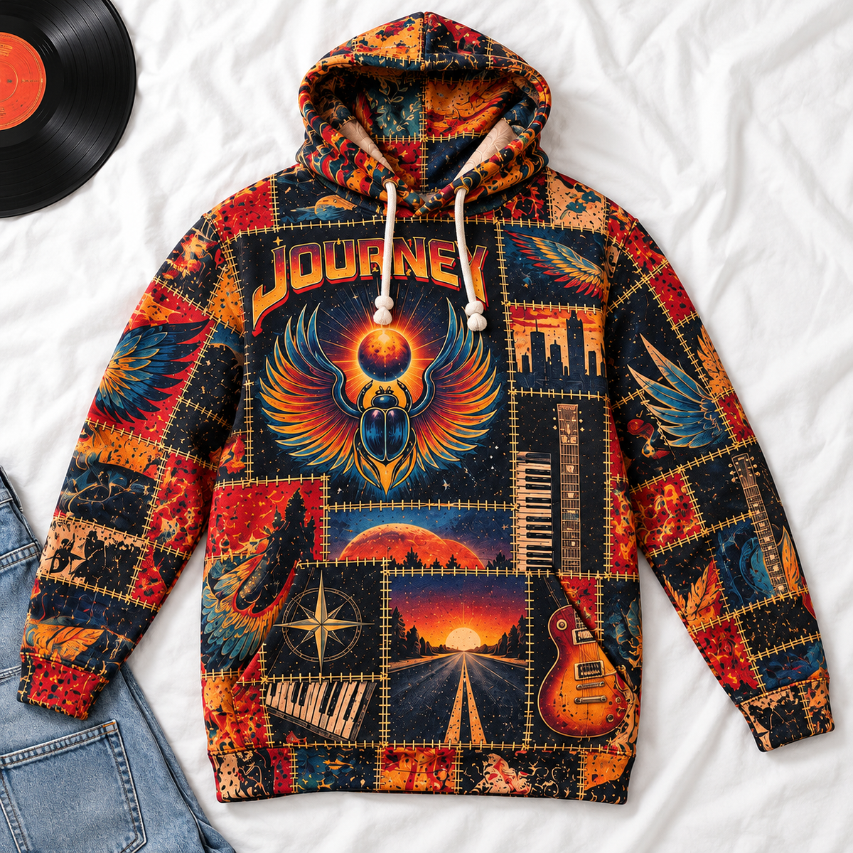Journey Patchwork Hoodie – Vintage Rock Band Graphic Pullover, Retro Phoenix & Sunset Design, Classic Rock Music Fan Gift, Journey Inspired Sweatshirt