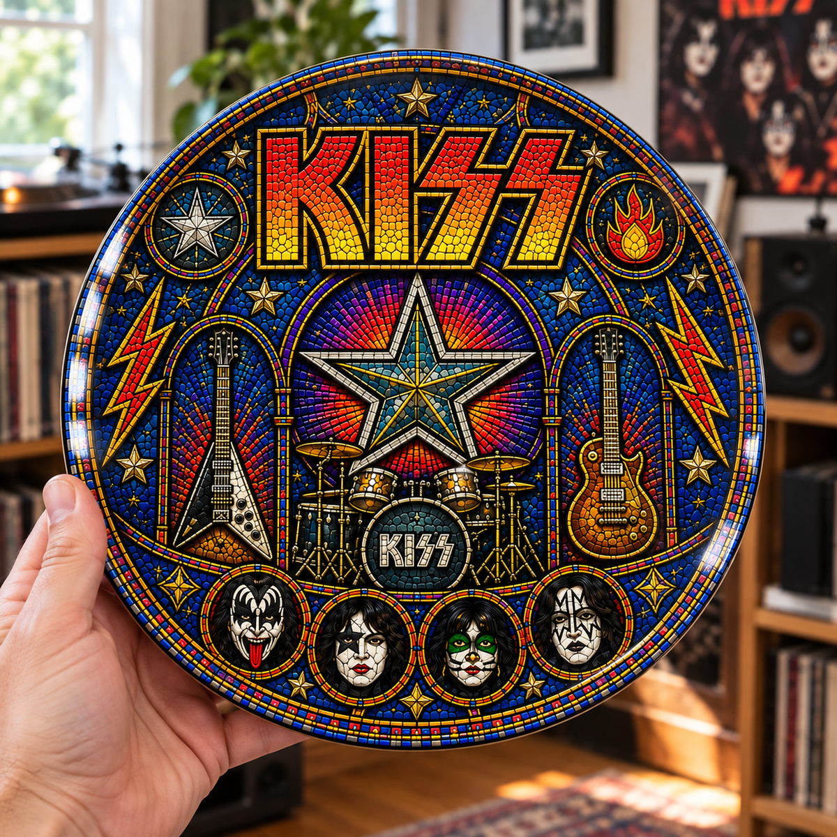 KISS Stained Glass Ceramic Plate - Decorative Wall & Table Display Dish, Rock Band Makeup Face Icons Fan Gift