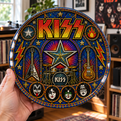 KISS Stained Glass Ceramic Plate - Decorative Wall & Table Display Dish, Rock Band Makeup Face Icons Fan Gift