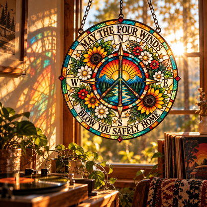 May The Four Winds Blow You Safely Home Stained Glass Suncatcher – Peace Compass Window Hanging, Vibrant Sunflower Window Suncatcher
