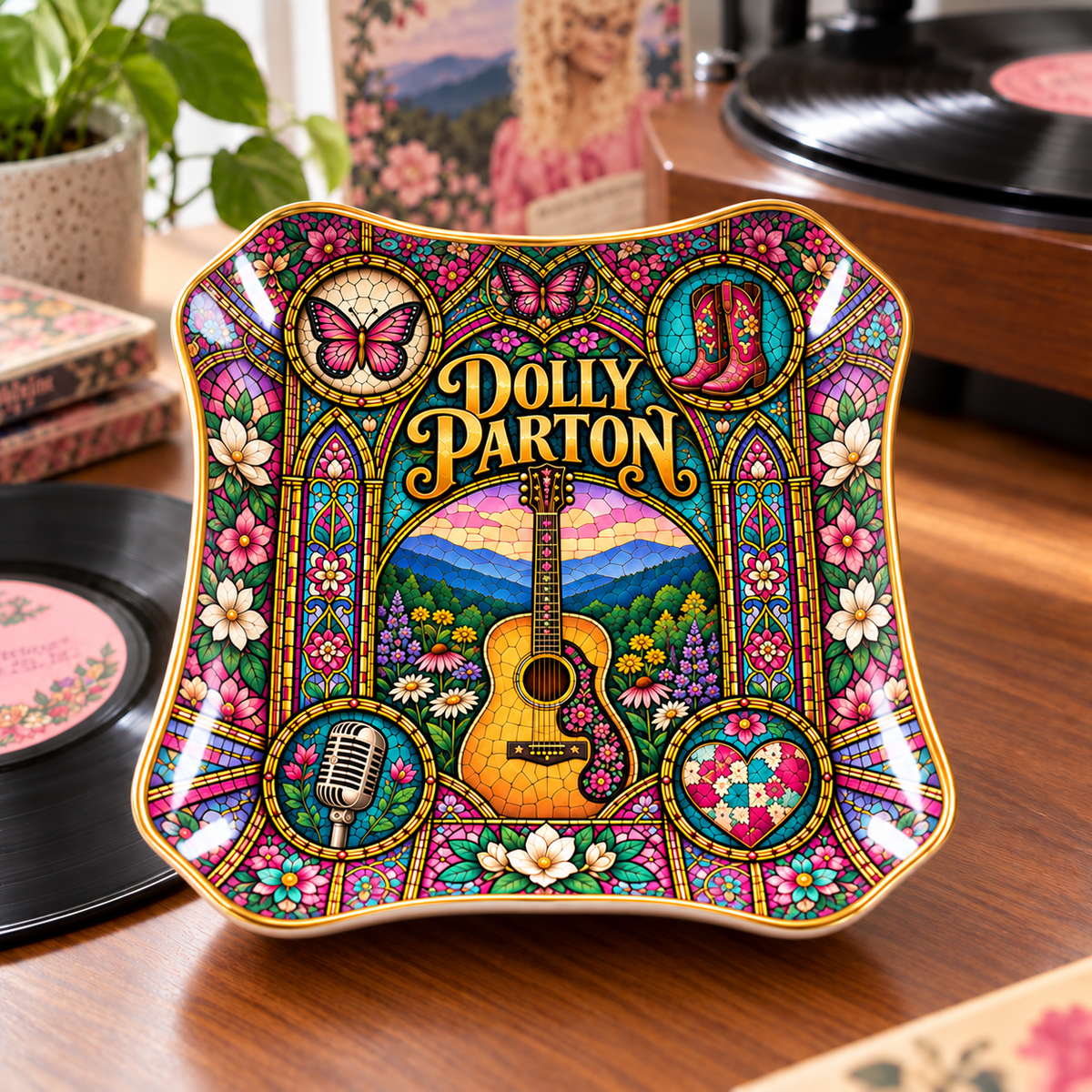 Dolly Parton Mexican Folk Art Ceramic Jewelry Dish - Butterfly & Acoustic Guitar Ring Tray - Country Music Fan Gift Idea