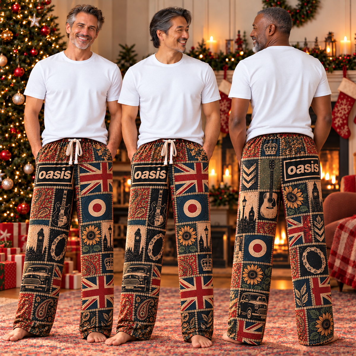 Oasis Classic Britpop Lounge Pants - Retro Patchwork London Skyline, Classic Mini Car & Mod Target Art Sleepwear
