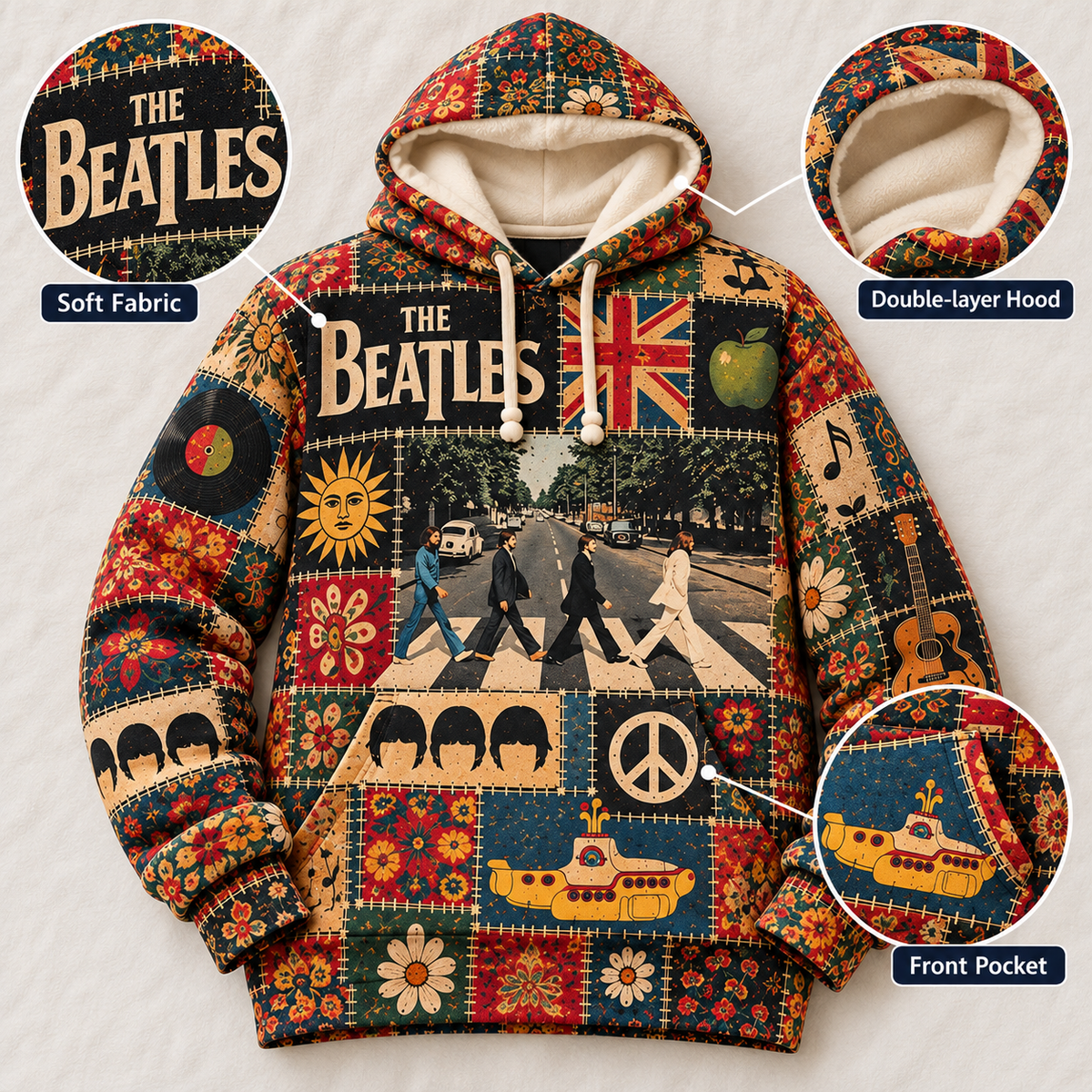 The Beatles Patchwork Hoodie – Vintage 60s Psychedelic Rock Graphic Pullover, Abbey Road & Yellow Submarine Design, Retro Floral Beatles Sweatshirt