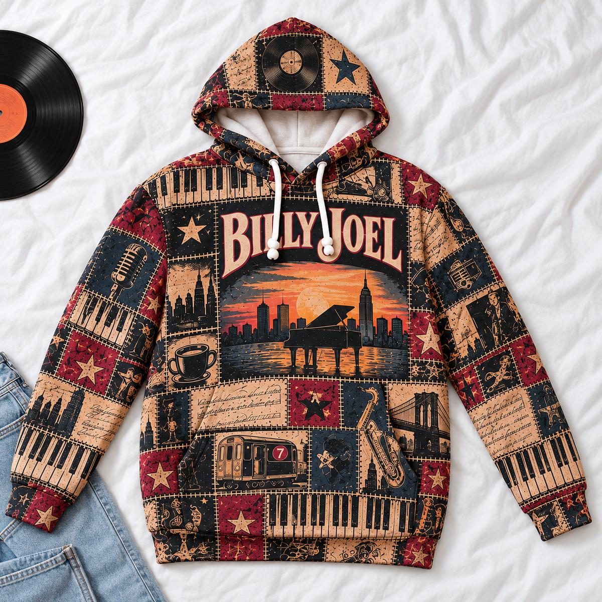 Billy Joel Patchwork Hoodie – Vintage Piano Man Graphic Pullover, Retro New York Rock Music Hoodie, Classic Rock Fan Gift