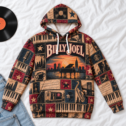 Billy Joel Patchwork Hoodie – Vintage Piano Man Graphic Pullover, Retro New York Rock Music Hoodie, Classic Rock Fan Gift