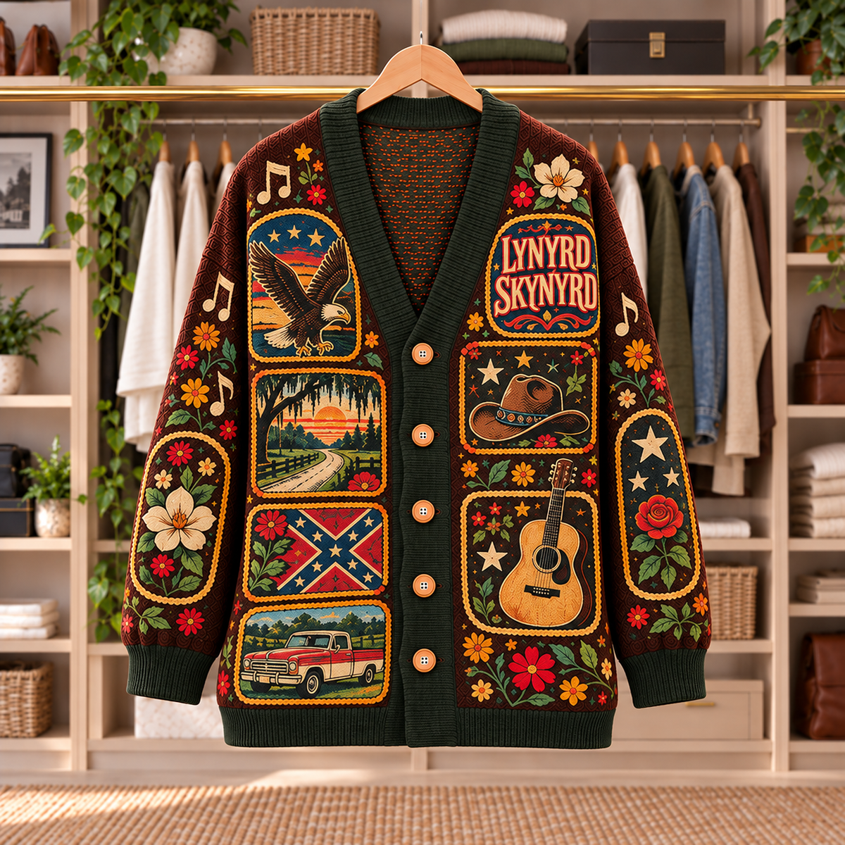 Lynyrd Skynyrd Patchwork Cardigan - Casual Oversized Button Sweater, Eagle Guitar Southern Rock Music Fan Gift