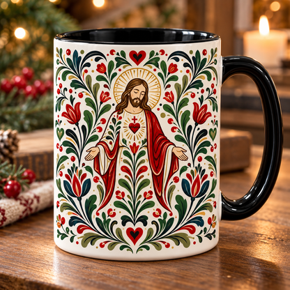 Folk Art Jesus Ceramic Coffee Mug | Sacred Heart & Cross Christian Cup, Christian Faith Gift Cup