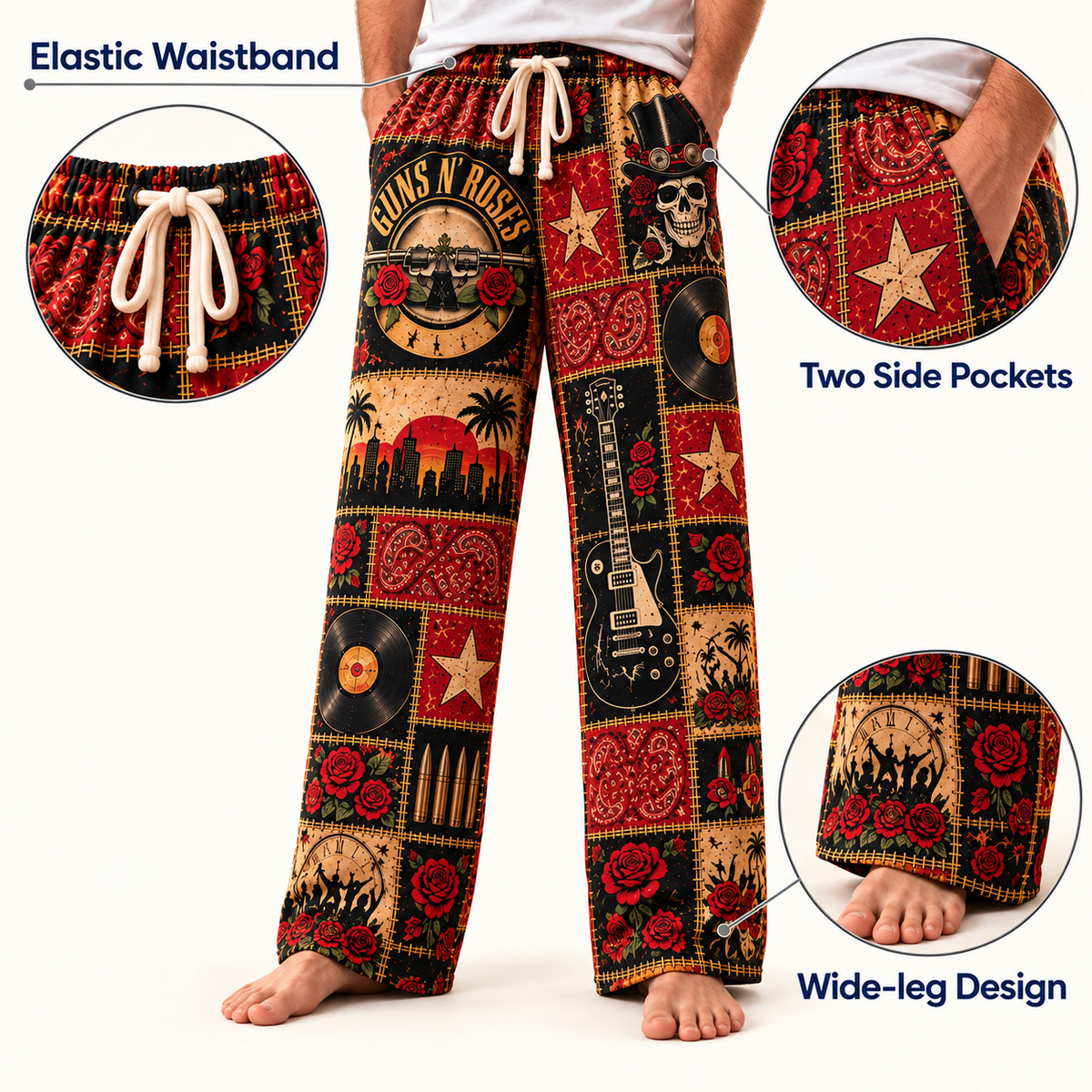 Guns N' Roses Pajama Pants - Patchwork Hard Rock Art Sleepwear | Comfortable Music Fan Lounge Pants