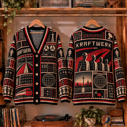 Kraftwerk Retro Graphic Cardigan - Vintage Electronic Band Knit Outerwear, Synth Pop Fan Apparel & Fashion Style Gift