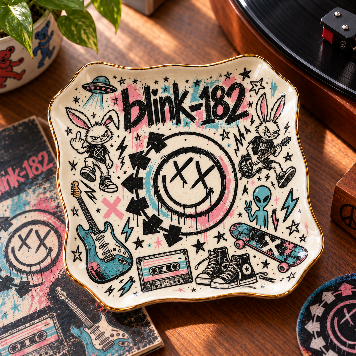 Blink-182 Ceramic Jewelry Dish - Punk Bunny Smiley Logo Trinket Tray, Pop Punk Music Fan Gift & Room Decor