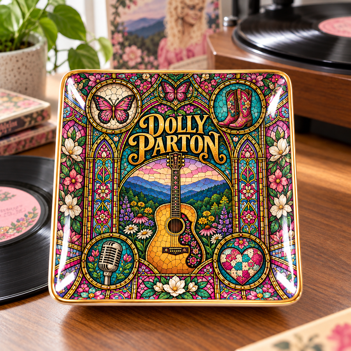 Dolly Parton Mexican Folk Art Ceramic Jewelry Dish - Butterfly & Acoustic Guitar Ring Tray - Country Music Fan Gift Idea