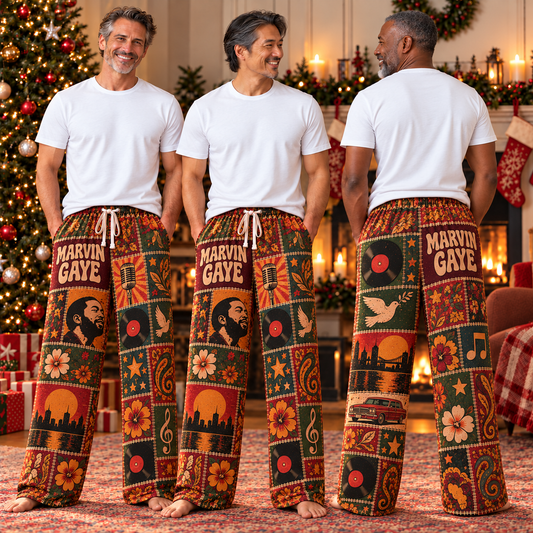 Marvin Gaye Pajama Pants - Vintage Patchwork Soul Music Portrait & Vinyl Art Lounge Pants with Elastic Waistband, Adjustable Drawstring