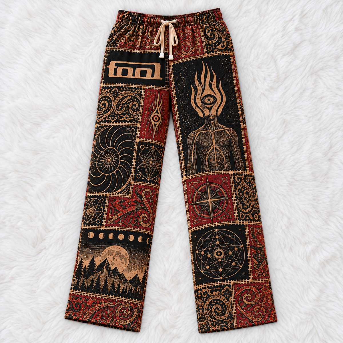 Tool Patchwork Pajama Pants - Vintage Progressive Metal Art Pants with Elastic Waistband, Adjustable Drawstring & Two Side Pockets