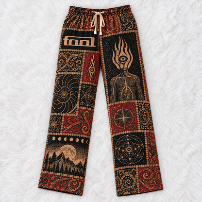 Tool Patchwork Pajama Pants - Vintage Progressive Metal Art Pants with Elastic Waistband, Adjustable Drawstring & Two Side Pockets
