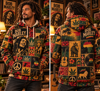 Bob Marley Patchwork Sherpa Hoodie – Vintage Reggae Pullover, Rasta Floral Graphic Hoodie, Soft Fleece, Bob Marley Fan Gift