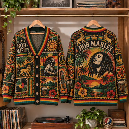 Bob Marley Retro Reggae Knit Cardigan - Vintage Style Rasta Singer Button Down Sweater, Unique Island Roots Rock Reggae Merchandise Fan Outfit