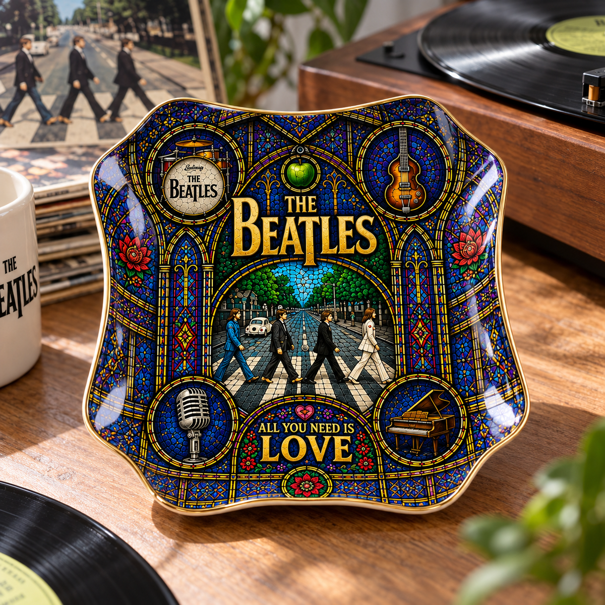 The Beatles Stained Glass Jewelry Dish - Ceramic Trinket Tray, Abbey Road All You Need Is Love Ring Holder, Rock Fan Gift