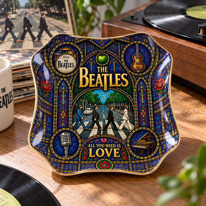 The Beatles Stained Glass Jewelry Dish - Ceramic Trinket Tray, Abbey Road All You Need Is Love Ring Holder, Rock Fan Gift