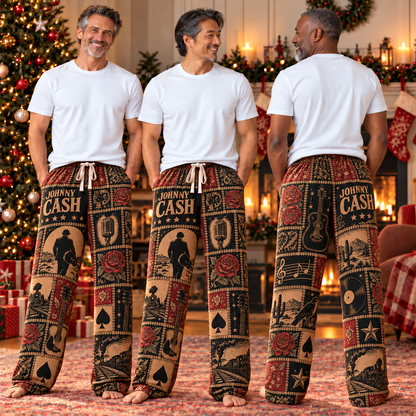 Johnny Cash Pajama Pants - Patchwork Country Rock Art Sleepwear | Comfortable Music Fan Lounge Pants