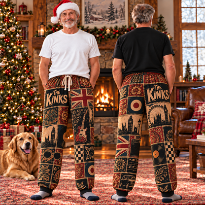 The Kinks Patchwork Pajama Pants - Vintage British Invasion Rock Art & Union Jack Flag Lounge Pants with Elastic Waistband, Adjustable Drawstring & Two Side Pockets