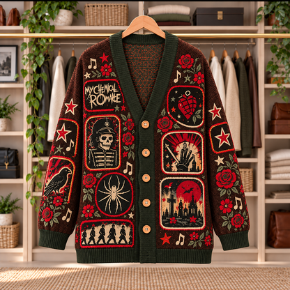 My Chemical Romance Patchwork Cardigan - Casual Oversized Button Sweater, Black Parade Skeleton Spider Emo Rock Fan Gift