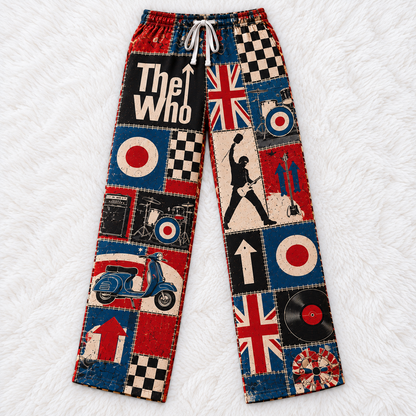 The Who Patchwork Pajama Pants - Vintage British Mod Rock Art & Union Jack Lounge Pants with Elastic Waistband, Adjustable Drawstring & Two Side Pockets