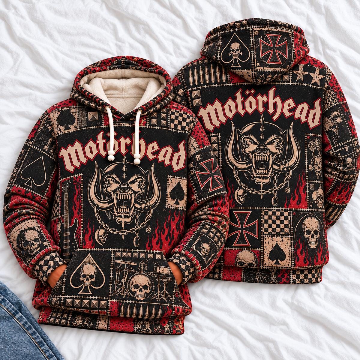Motörhead Patchwork Hoodie – Vintage Heavy Metal Graphic Pullover, Snaggletooth Skull Sweatshirt, Retro Rock Band Fan Gift, Unisex Biker Hoodie