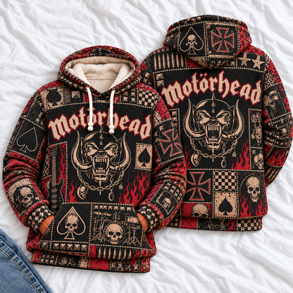 Motörhead Patchwork Hoodie – Vintage Heavy Metal Graphic Pullover, Snaggletooth Skull Sweatshirt, Retro Rock Band Fan Gift, Unisex Biker Hoodie