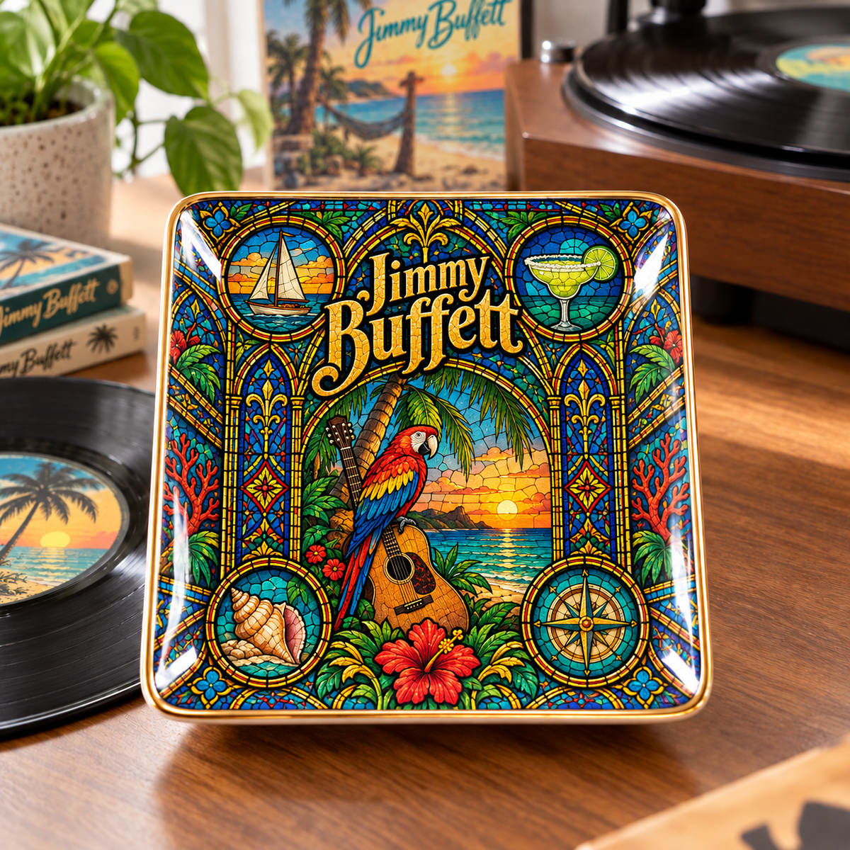Jimmy Buffett Mexican Folk Art Ceramic Jewelry Dish - Parrot & Margarita Ring Tray - Island Rock Fan Unique Collectible