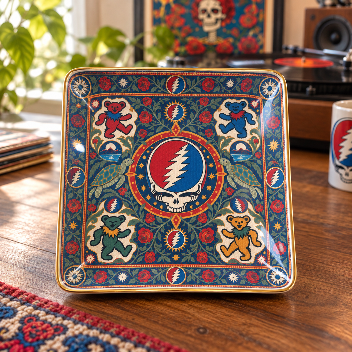 Grateful Dead Steal Your Face Jewelry Dish - Ceramic Trinket Tray, Dancing Bears Ring Holder, Psychedelic Rock Band Fan Gift