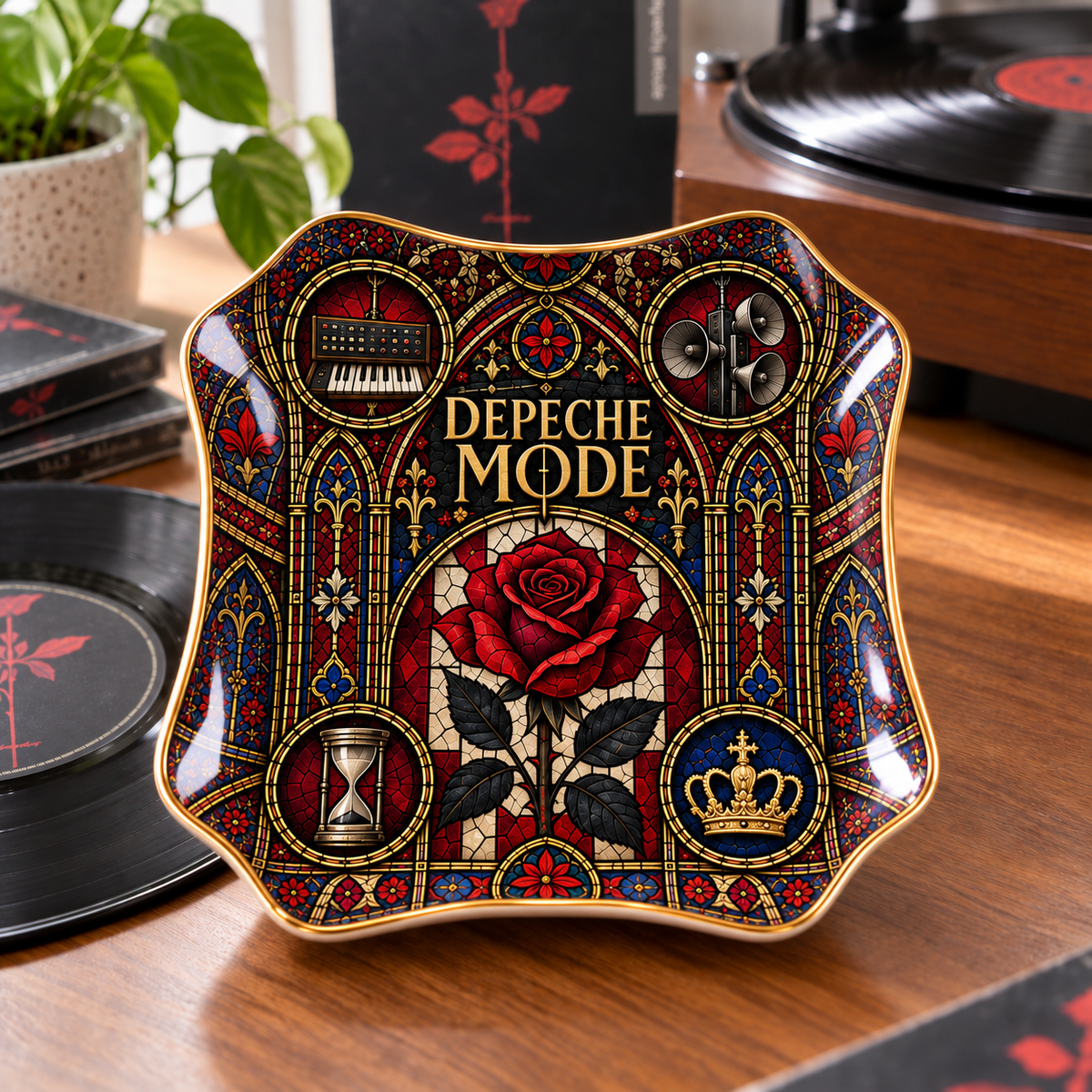Depeche Mode Ceramic Ring Dish - Violator Rose Stained Glass Jewelry Tray, Synth Pop Trinket Dish Fan Gift