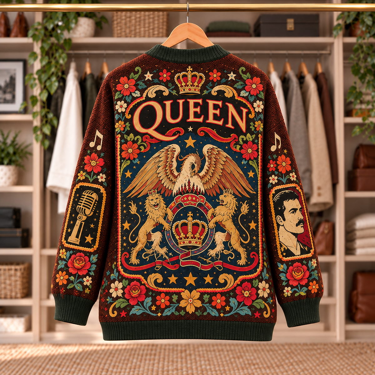 Queen Patchwork Knitted Cardigan - Casual Oversized Button Sweater, Freddie Mercury Crown Rock Music Fan Gift