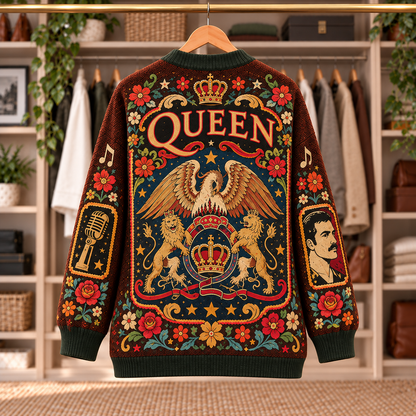 Queen Patchwork Knitted Cardigan - Casual Oversized Button Sweater, Freddie Mercury Crown Rock Music Fan Gift