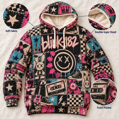 Blink-182 Patchwork Hoodie – Vintage Pop Punk Band Graphic Pullover, Pink Blue Emo Rock Hoodie, Retro 90s 2000s Music Fan Gift