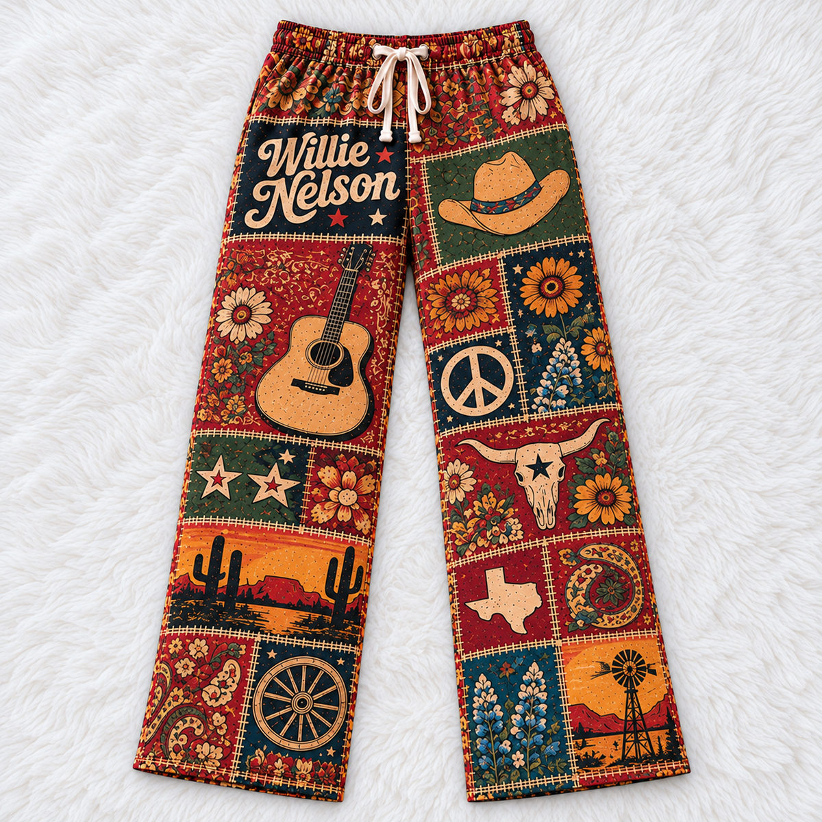 Willie Nelson Patchwork Pajama Pants - Vintage Outlaw Country Music Art & Texas Flag Lounge Pants with Elastic Waistband, Adjustable Drawstring & Two Side Pockets