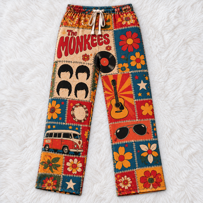 The Monkees Patchwork Pajama Pants - Vintage 60s Pop-Rock Art & Psychedelic Flower Power Lounge Pants with Elastic Waistband, Adjustable Drawstring & Two Side Pockets