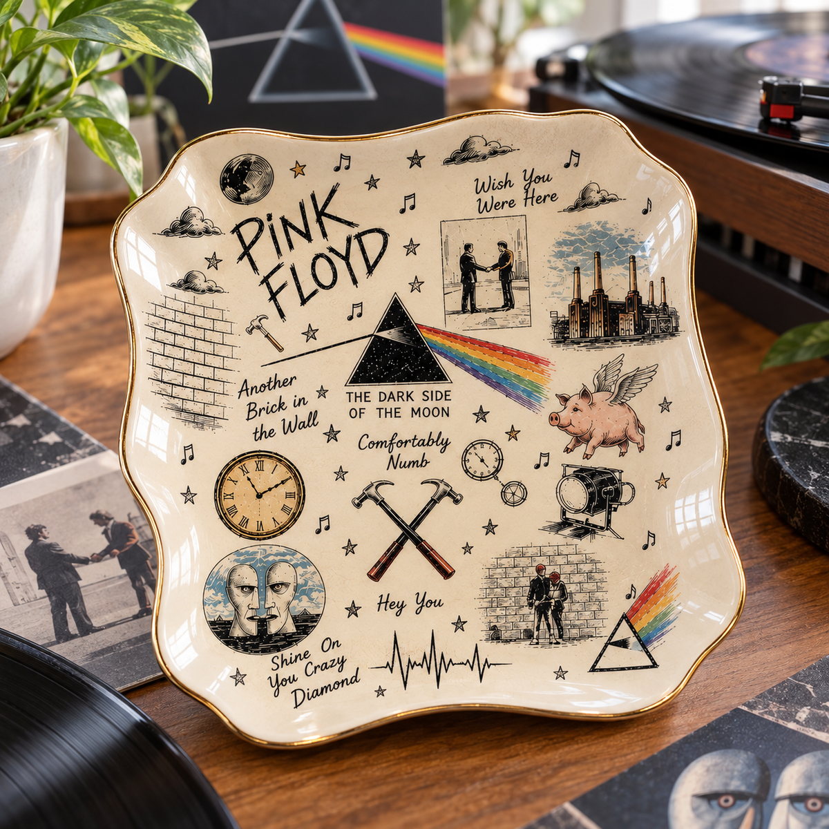 Pink Floyd Sketch Art Jewelry Dish - Ceramic Trinket Tray, Dark Side of the Moon Ring Holder, Prog Rock Band Fan Gift