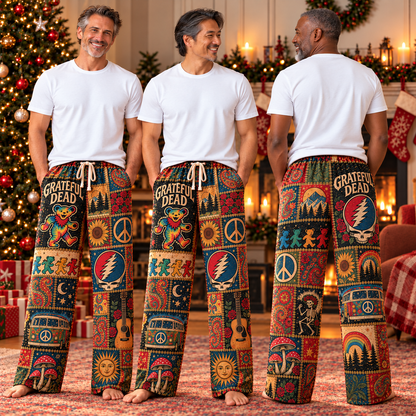 Grateful Dead Pajama Pants - Patchwork Dancing Bear Art Sleepwear | Comfortable Music Fan Lounge Pants